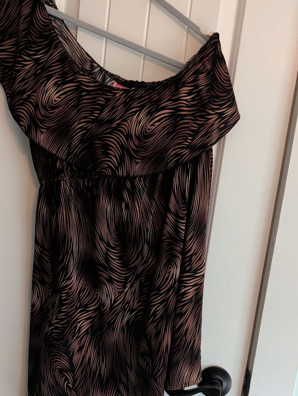 Black and Blush Swirl Print One Shoulder Dress